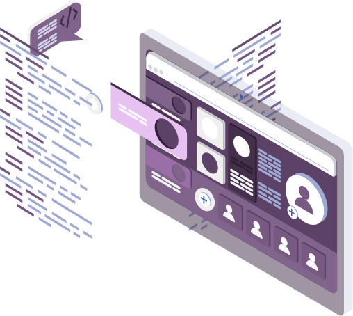 Illustration of a member experience interface with profiles and content